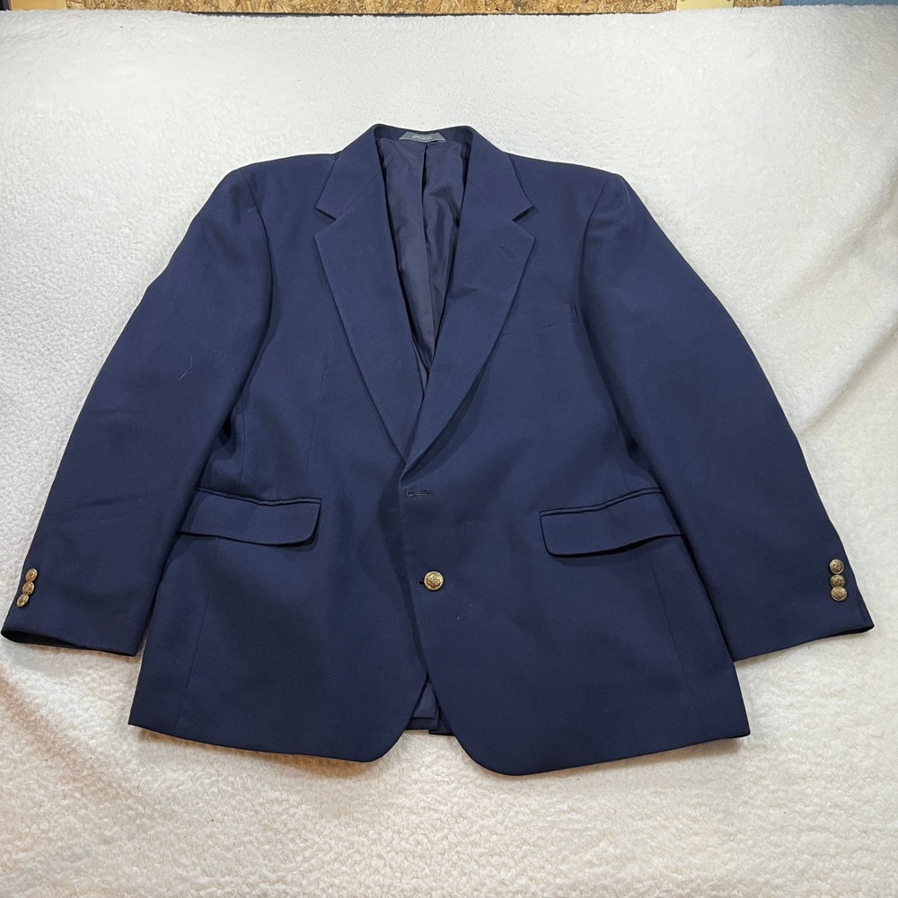 Haggar Blazer Mens 44 Navy Blue Gentleman's Fit Gold Tone Button Sport Coat